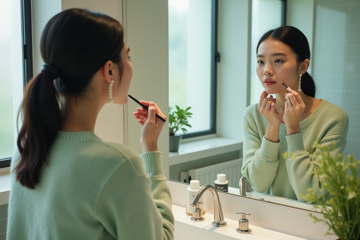 Femme se maquillant dans une salle de bain moderne