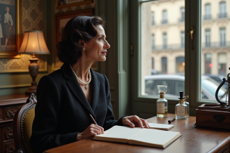 Femme élégante assise à un bureau parisien avec style