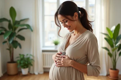 Femme enceinte souriante portant un collier bola dans un salon lumineux