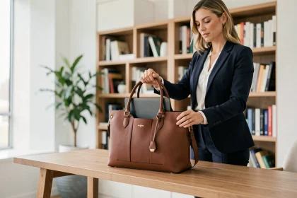 Femme entrepreneure posant un sac de travail en cuir cognac sur un bureau moderne dans un bureau contemporain