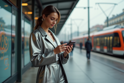 Jeune femme en trench métallique à Paris
