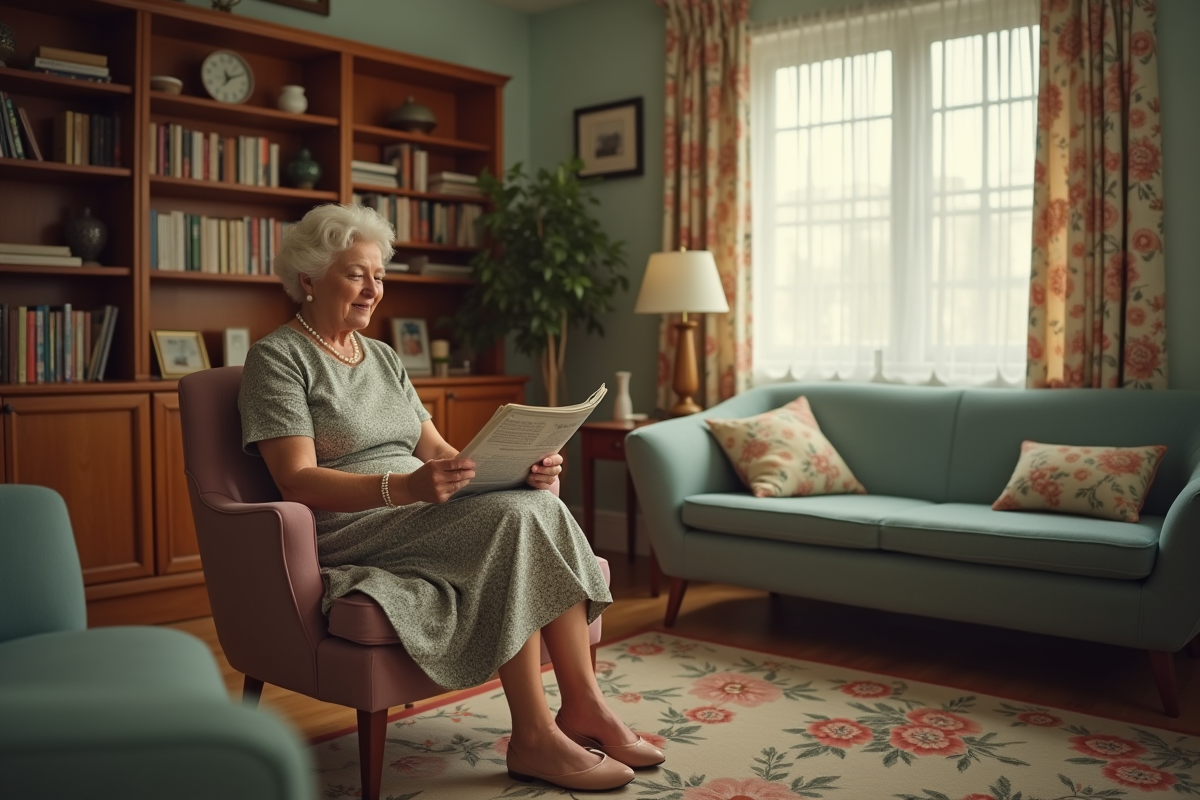 Femme lisant un magazine dans un salon vintage