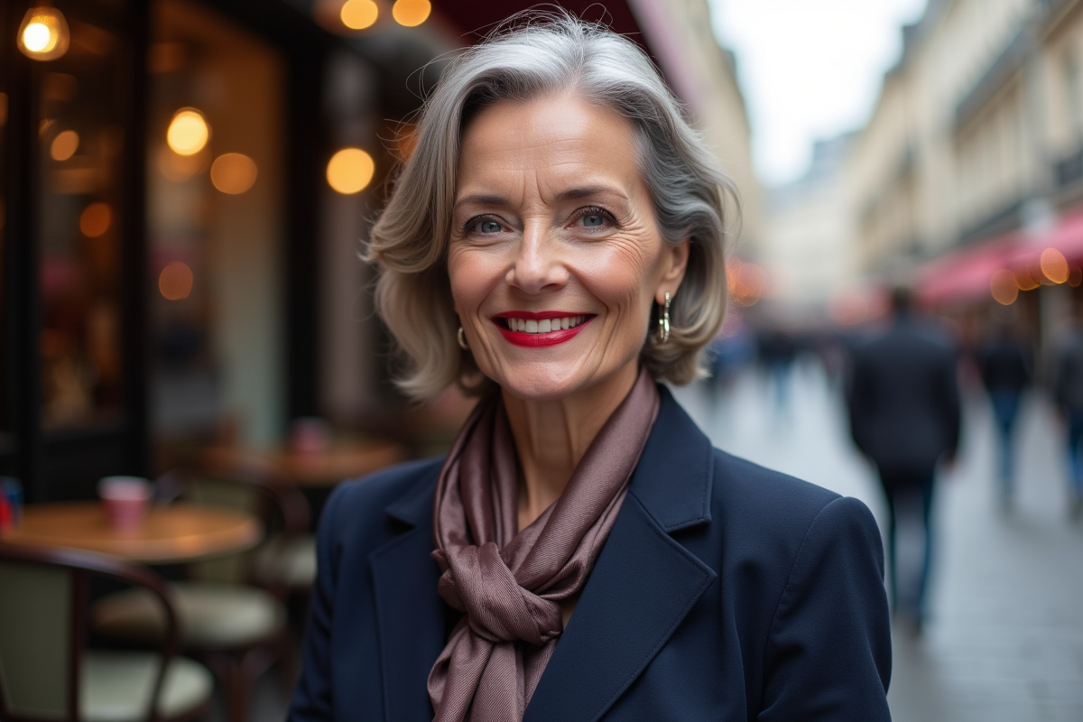 Femme mature souriante portant rouge à lèvres à Paris