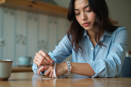 Femme mesurant son poignet avec un ruban dans une cuisine chaleureuse