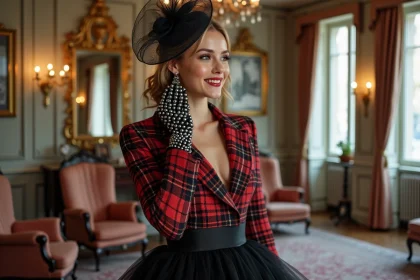 Femme &eacute;l&eacute;gante en blazer tartan et jupe tulle &agrave; Paris