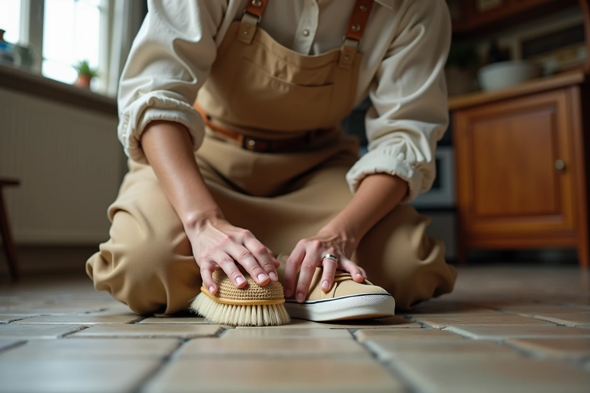 Femme nettoyant des sneakers en cuisine avec brosse naturelle