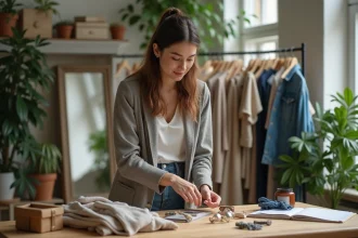 Femme en tenue casual organisant ses vetements dans un studio lumineux
