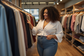 Femme plus size souriante dans une boutique moderne