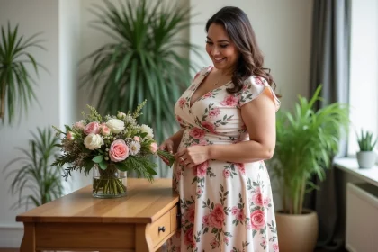 Femme plussize en robe florale &eacute;l&eacute;gante souriante