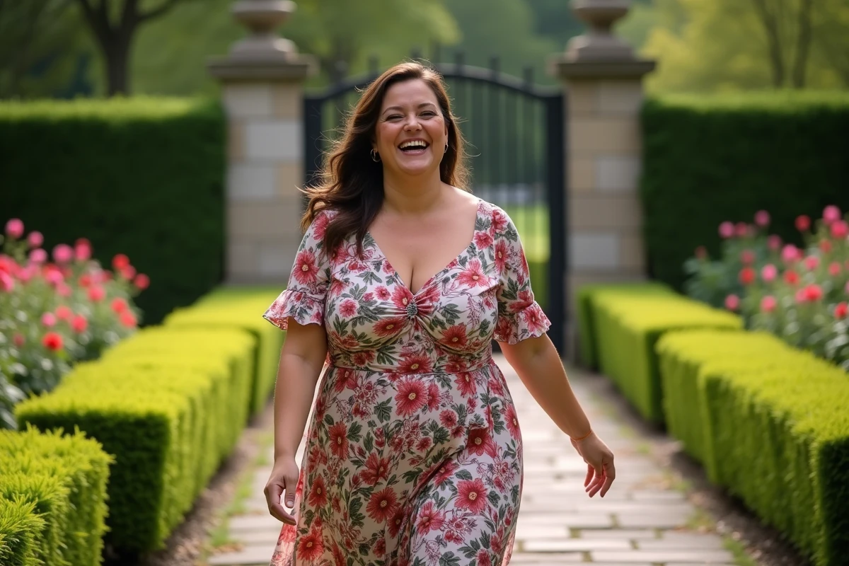 Femme plussize marchant dans un jardin fleuri