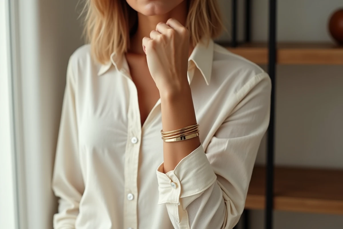 Femme portant deux bracelets joncs empilés en or sur poignet, style éditorial lifestyle minimaliste pour article sur les bijoux durables