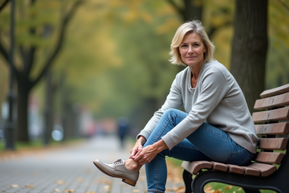Femme assise sur un banc dans un parc urbain en jeans et pull