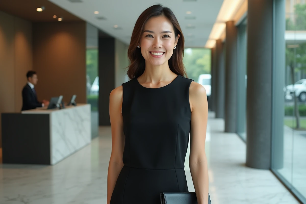 Femme professionnelle en robe noire structurée dans un hall d'entreprise moderne