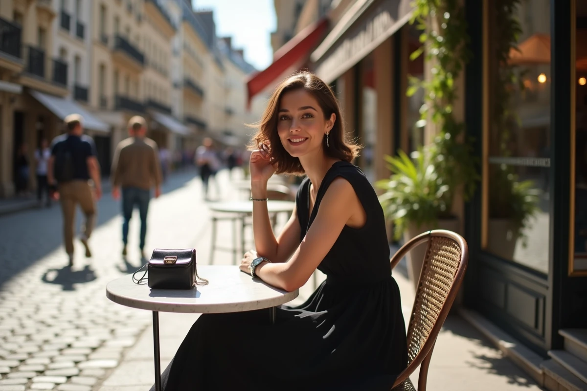 Femme en robe noire midi assise en terrasse dans une rue européenne pavée