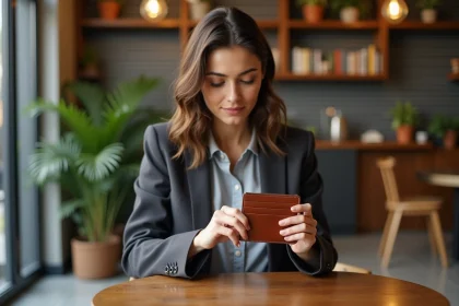 Jeune femme choisissant un porte-cartes dans un caf&eacute;