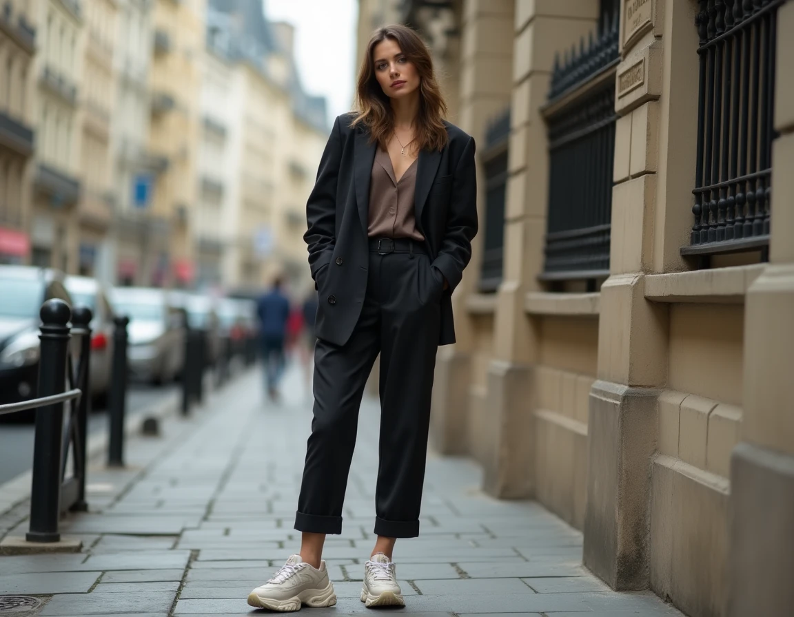 Femme portant des sneakers chunky style Balenciaga avec un blazer oversize dans une rue pav&eacute;e parisienne, style editorial urbain