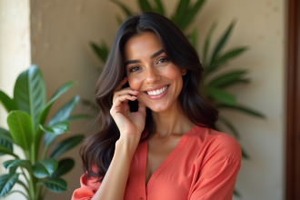 Femme souriante en portrait intérieur avec plantes vertes