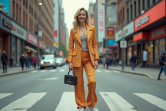 Femme en tailleur années 80 dans la ville