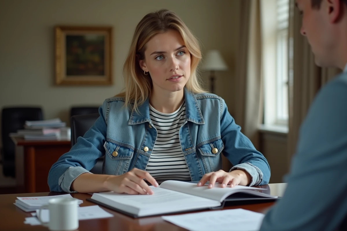 Jeune femme en veste en jean discutant avec un conseiller en assurance