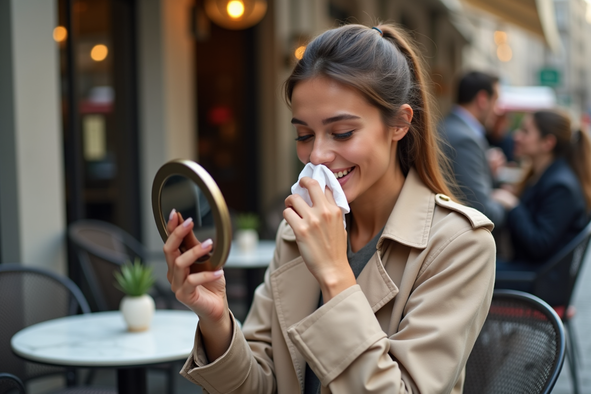 Femme souriante en trench dans un cafe urbain