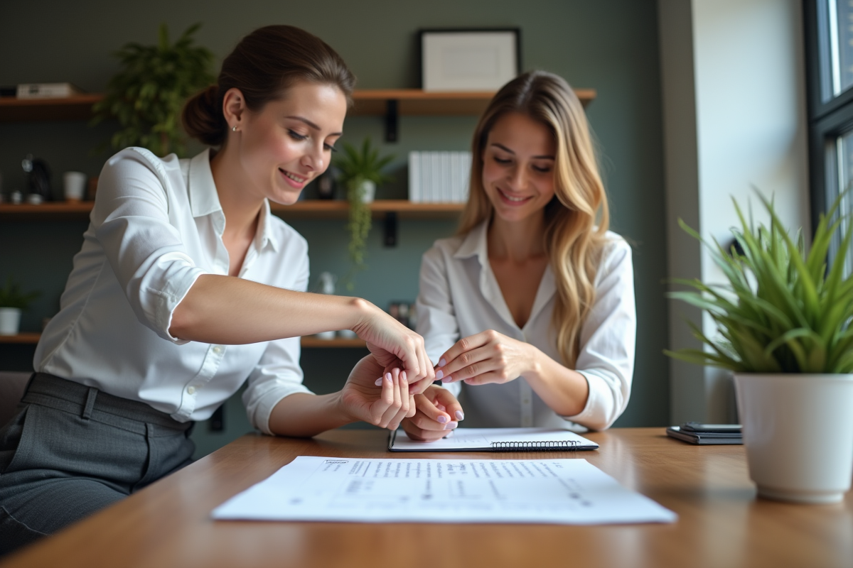 Deux femmes au bureau discutant d’un graphique de mesure du poignet
