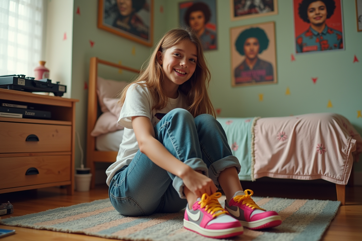 Jeune fille dans sa chambre des années 1980 avec baskets et posters