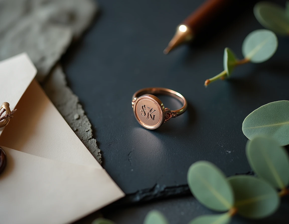 Flat lay d'une bague chevalière femme en or rose gravée avec initiales posée sur ardoise avec accessoires élégants