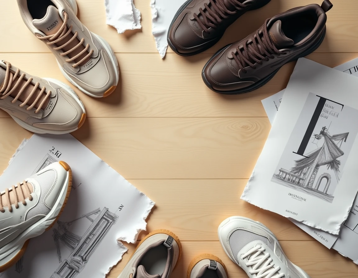 Flatlay &eacute;ditorial de sneakers chunky inspir&eacute;es Balenciaga, pages de magazines de mode et esquisses sur table en bois clair, esth&eacute;tique du laid to luxury