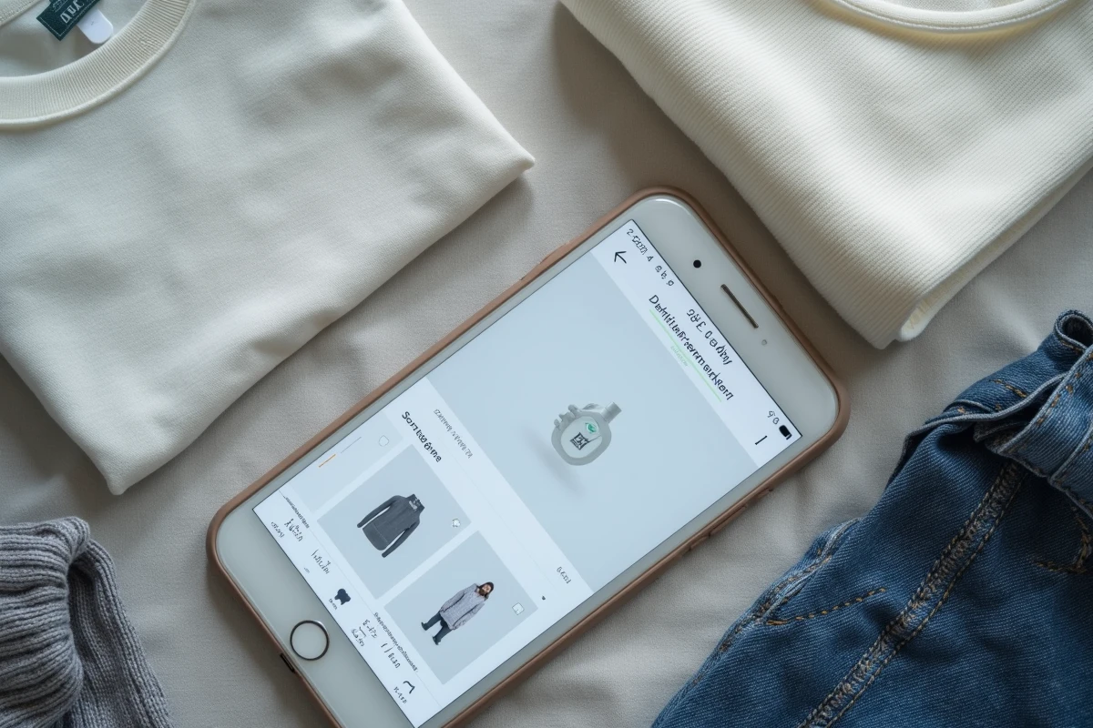 Flatlay de vêtements génériques avec des étiquettes vierges et un smartphone affichant une application allemande avec la catégorie Sonstiges, symbolisant les articles sans marque identifiée