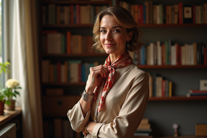 Femme élégante portant un foulard en soie à Paris