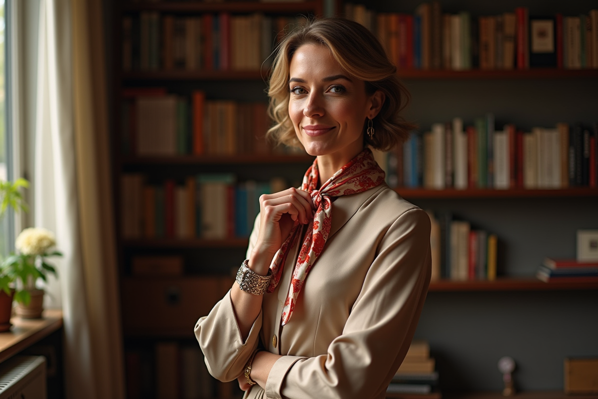 Femme élégante portant un foulard en soie à Paris