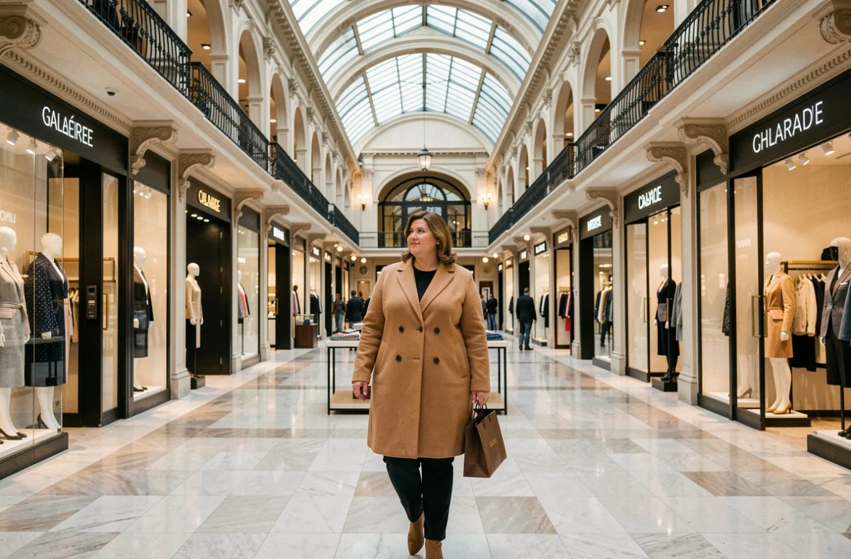 Une femme ronde et élégante en manteau camel parcourt le rayon mode grande taille des Galeries Lafayette de Besançon, tenant un sac shopping de luxe dans un décor de grand magasin aux sols en marbre poli.