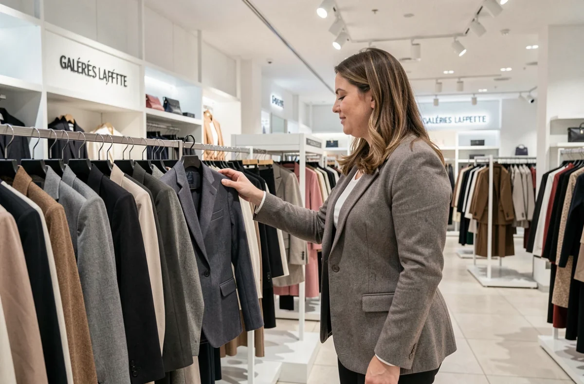 Une femme ronde et assurée choisit un blazer tailleur sur un portant organisé au rayon grande taille des Galeries Lafayette de Chalon-sur-Saône, dans un cadre de grand magasin moderne aux finitions épurées.