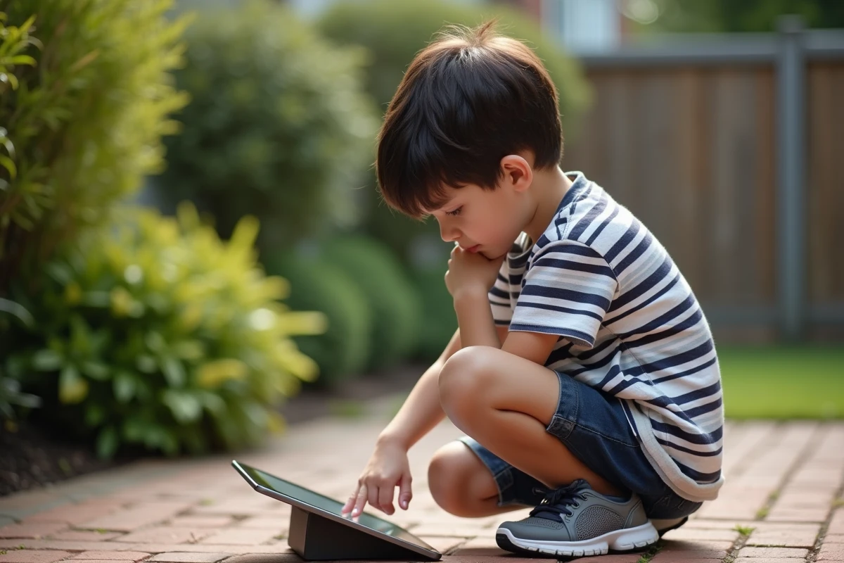 Gar&ccedil;on de 10 ans regardant une tablette dans le jardin