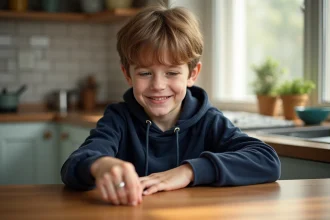 Garçon de 8 ans souriant avec bague en main dans la cuisine
