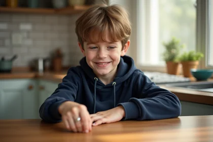 Garçon de 8 ans souriant avec bague en main dans la cuisine