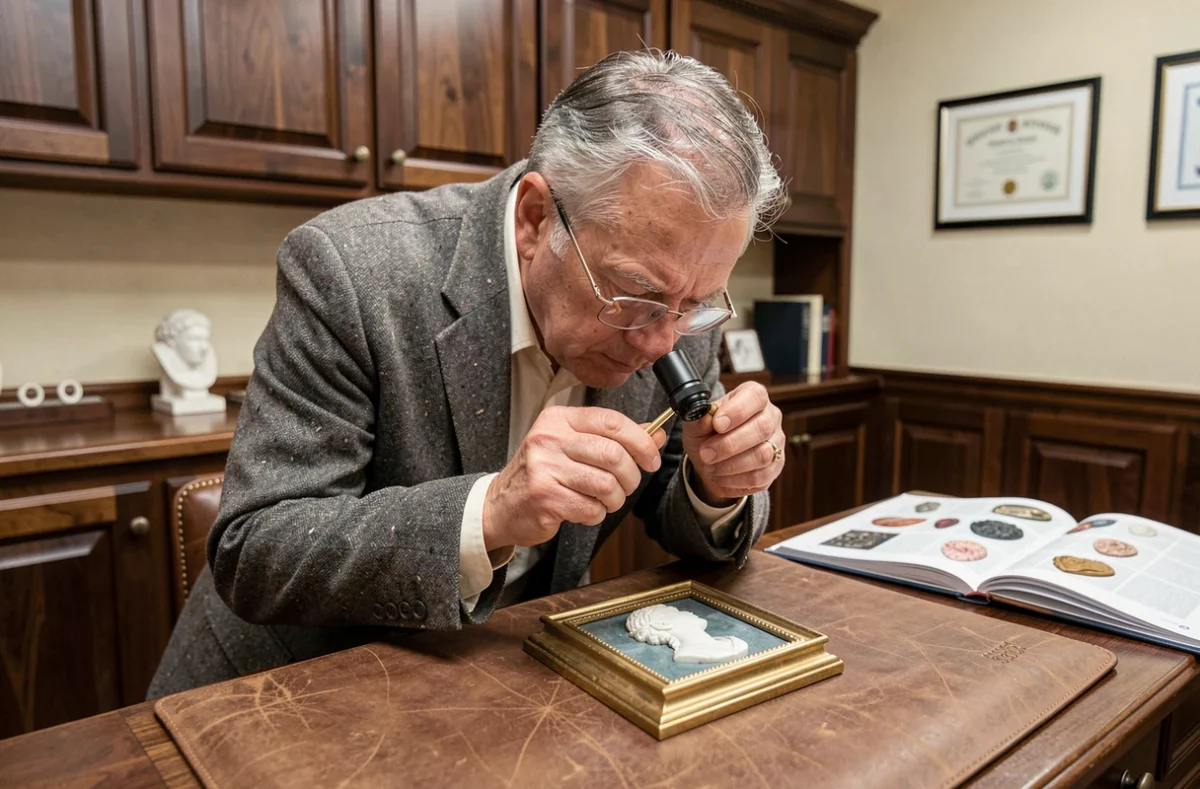 Gemmologue professionnel inspectant un camée en pierre dure monté sur or avec une loupe dans un bureau d'expertise