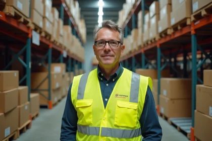 Ouvrier logistique portant un gilet jaune de sécurité personnalisé avec logo brodé en entrepôt industriel