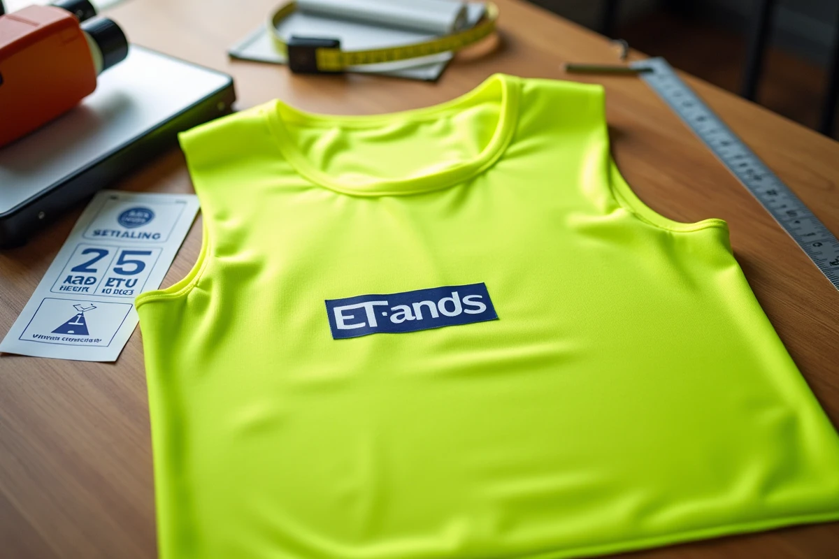 Vue rapprochée d'un gilet jaune avec logo thermocollé posé sur une table en bois avec outils de personnalisation