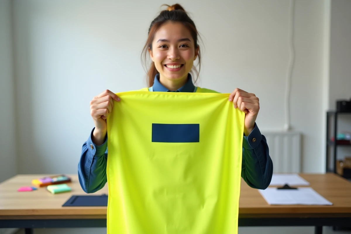 Femme présentant un gilet jaune personnalisé avec logo sérigraphié dans un atelier de marquage textile