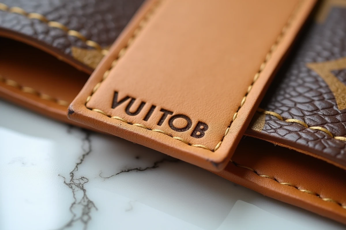 Gros plan sur un numéro de série partiellement effacé sur l'étiquette intérieure en cuir d'un portefeuille Louis Vuitton