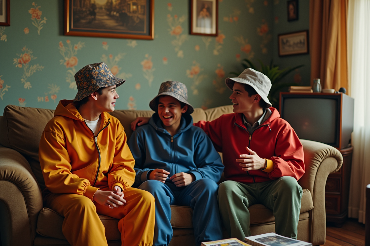 Trois jeunes hommes dans un salon vintage années 90