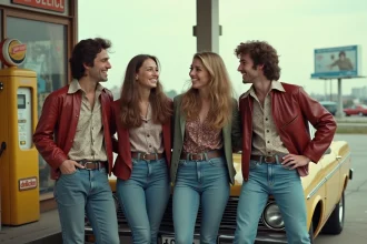 Groupe de jeunes adultes dans les années 70 devant une station essence vintage