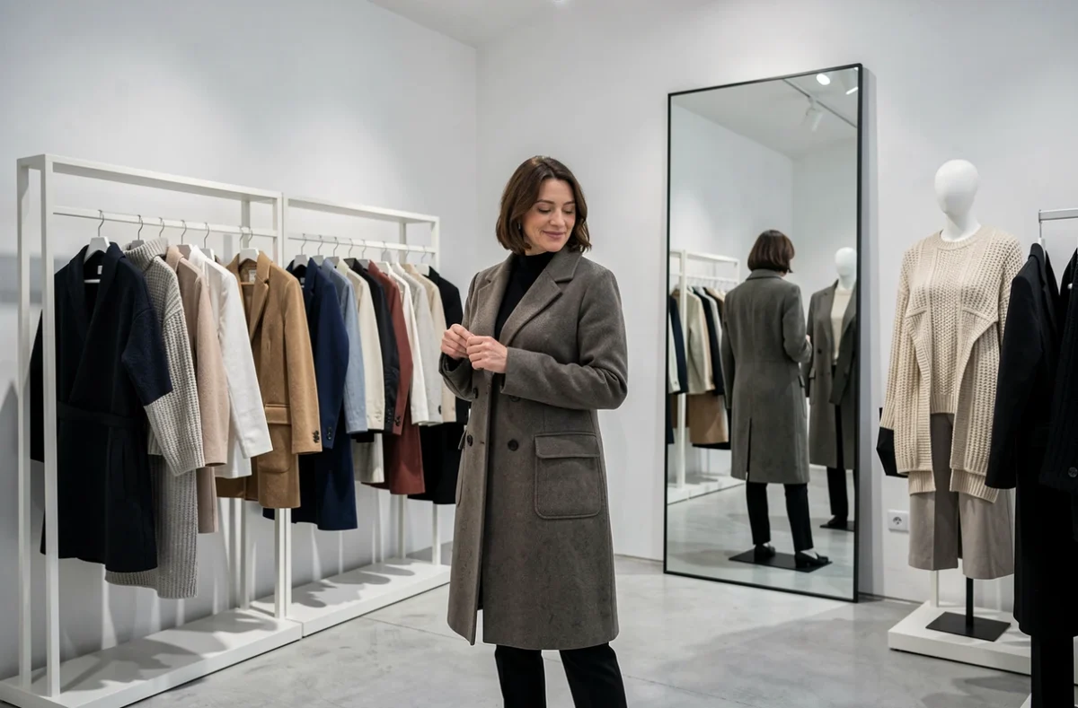 Boutique Gwanni à Bordeaux avec des créations de mode aux silhouettes architecturées exposées sur des portants minimalistes