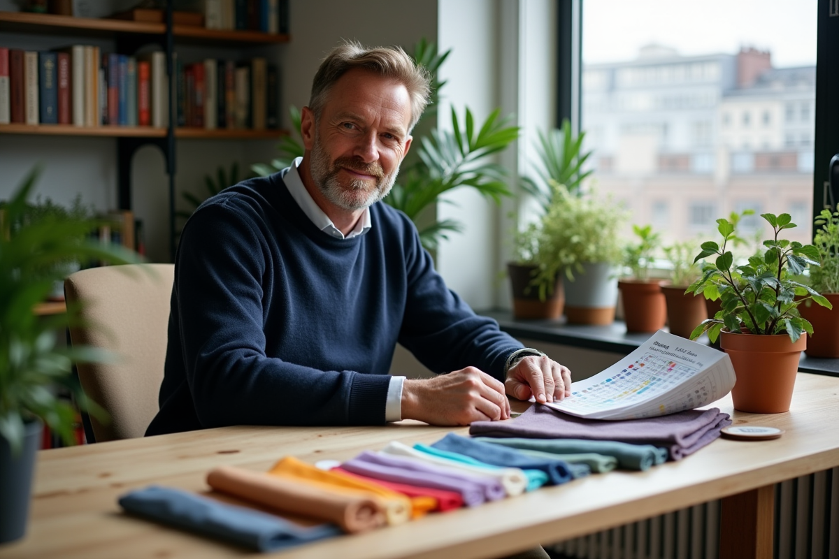 Homme analysant des échantillons de tissu dans un bureau lumineux