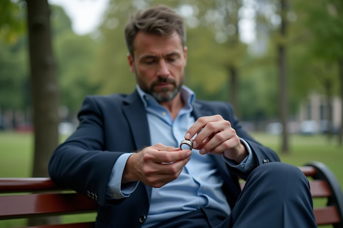 Homme lit un anneau gravé dans un parc urbain
