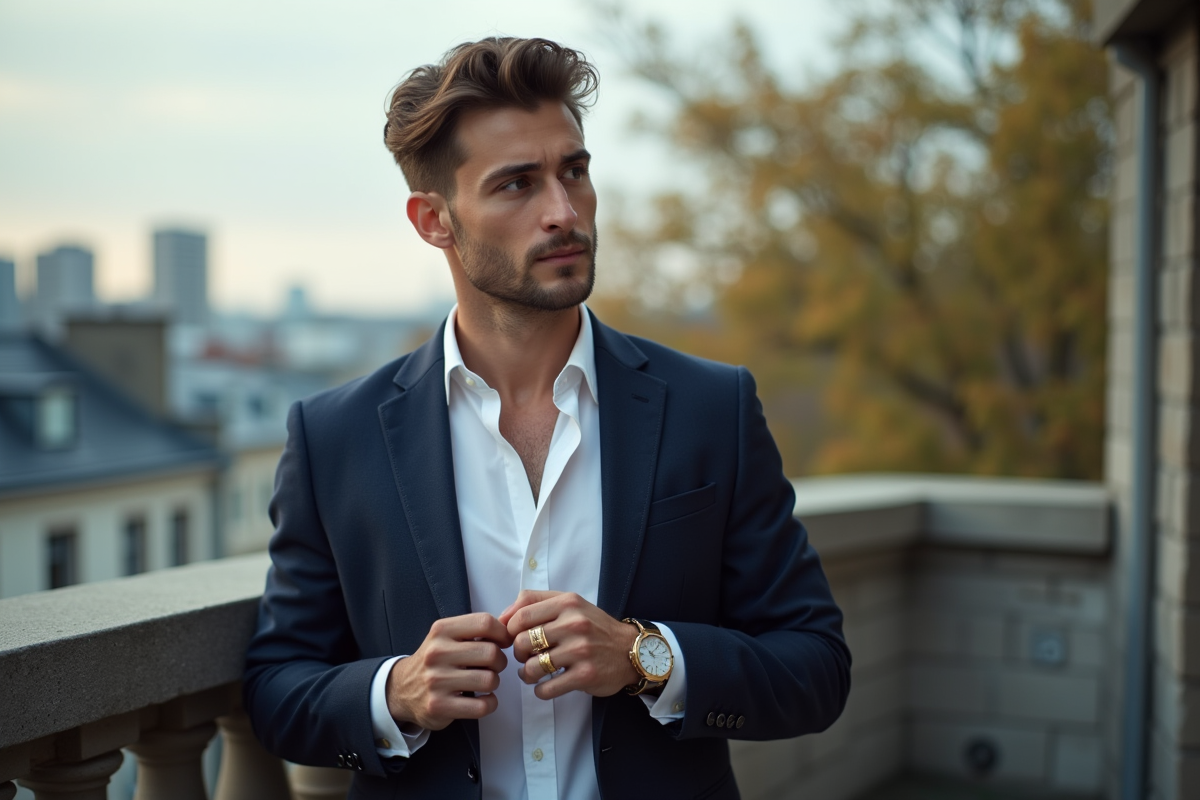 Homme ajustant une bague en or sur un balcon urbain