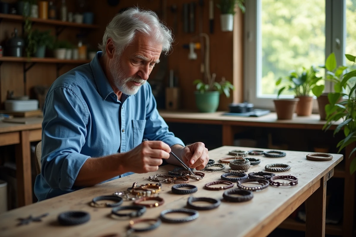 Homme avec kit de bracelets dans un atelier lumineux