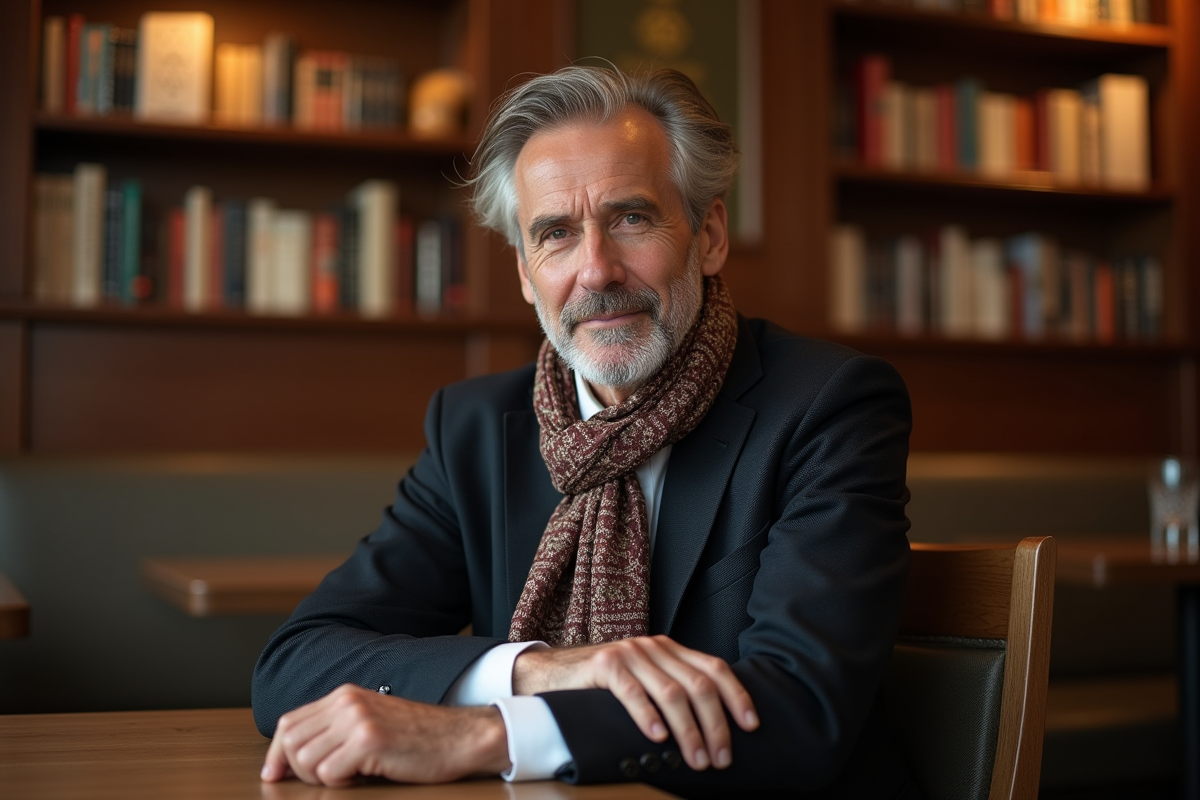 Homme avec foulard en café ambiance chaleureuse