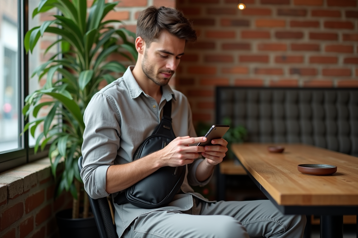 Jeune homme au café avec sac moderne et smartphone